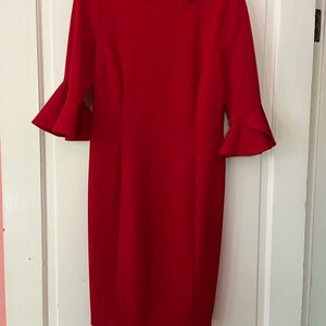 DKNY Red Ruffled Sheath Dress with Bell Sleeves